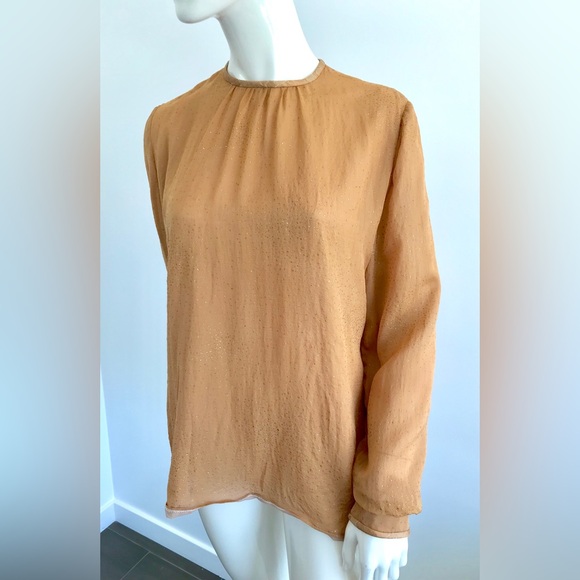 Wonderful Custom Made Vintage Gold Metallic Crepe Blouse M/L - Picture 5 of 16